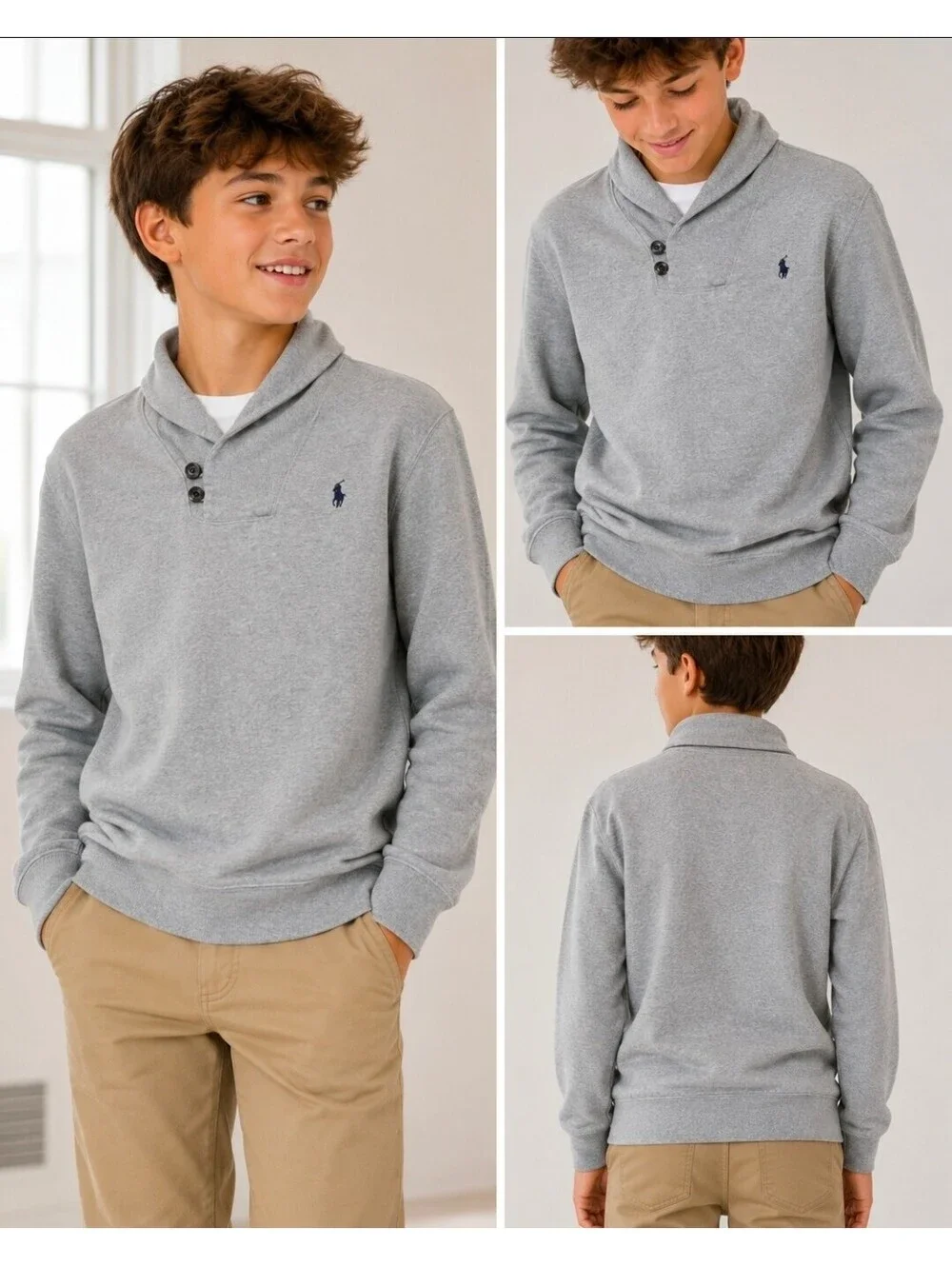 Polo Ralph Lauren Boys L 14-16 Gray Shawl Collar Fleece Pullover Sweatshirt
